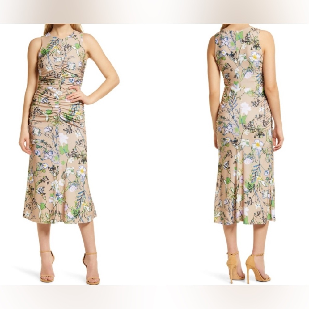 NWOT Halogen Ruched High Neck Mesh Midi Dress in Beige Sand Pressed Floral - XS